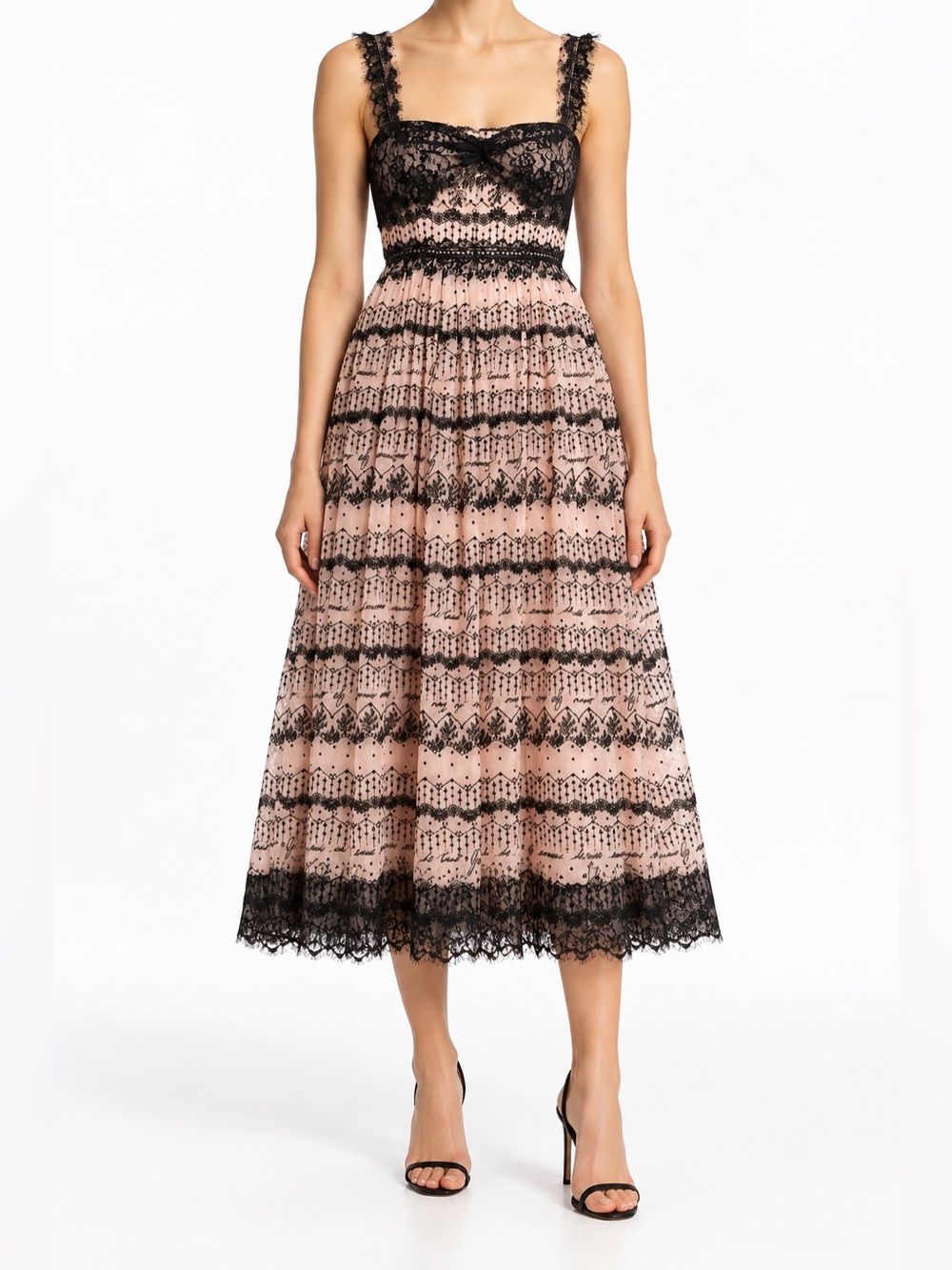 Cinq à Sept Fen Blush Pink Black Lace Bow Midi Dress Size 4